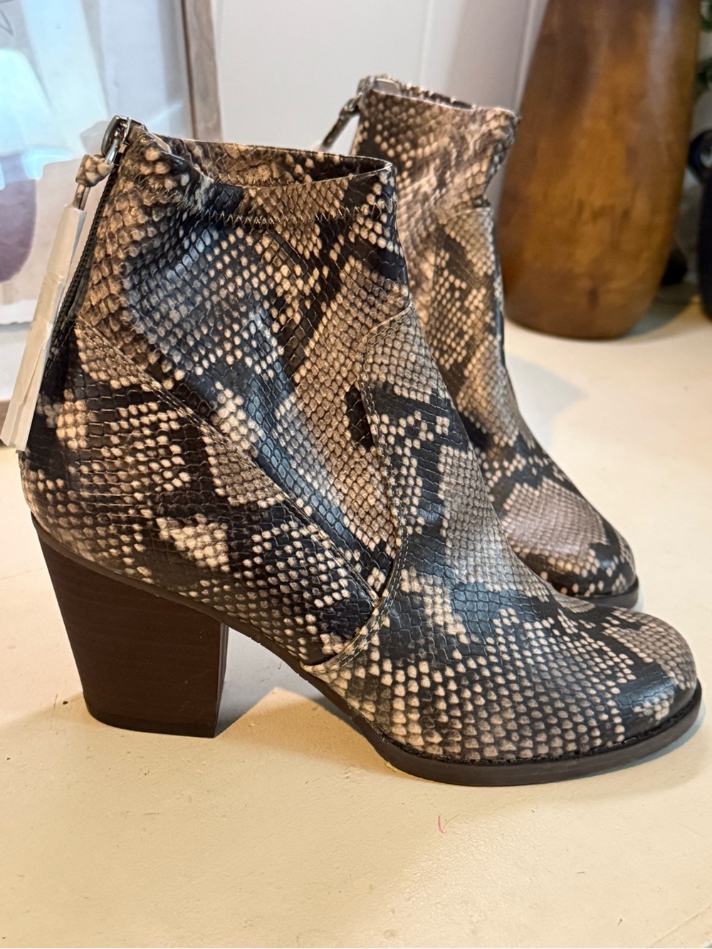 Sz 7 DV by Dolce Vita Snake-Print Block Heel Ankle Booties in Black/tan